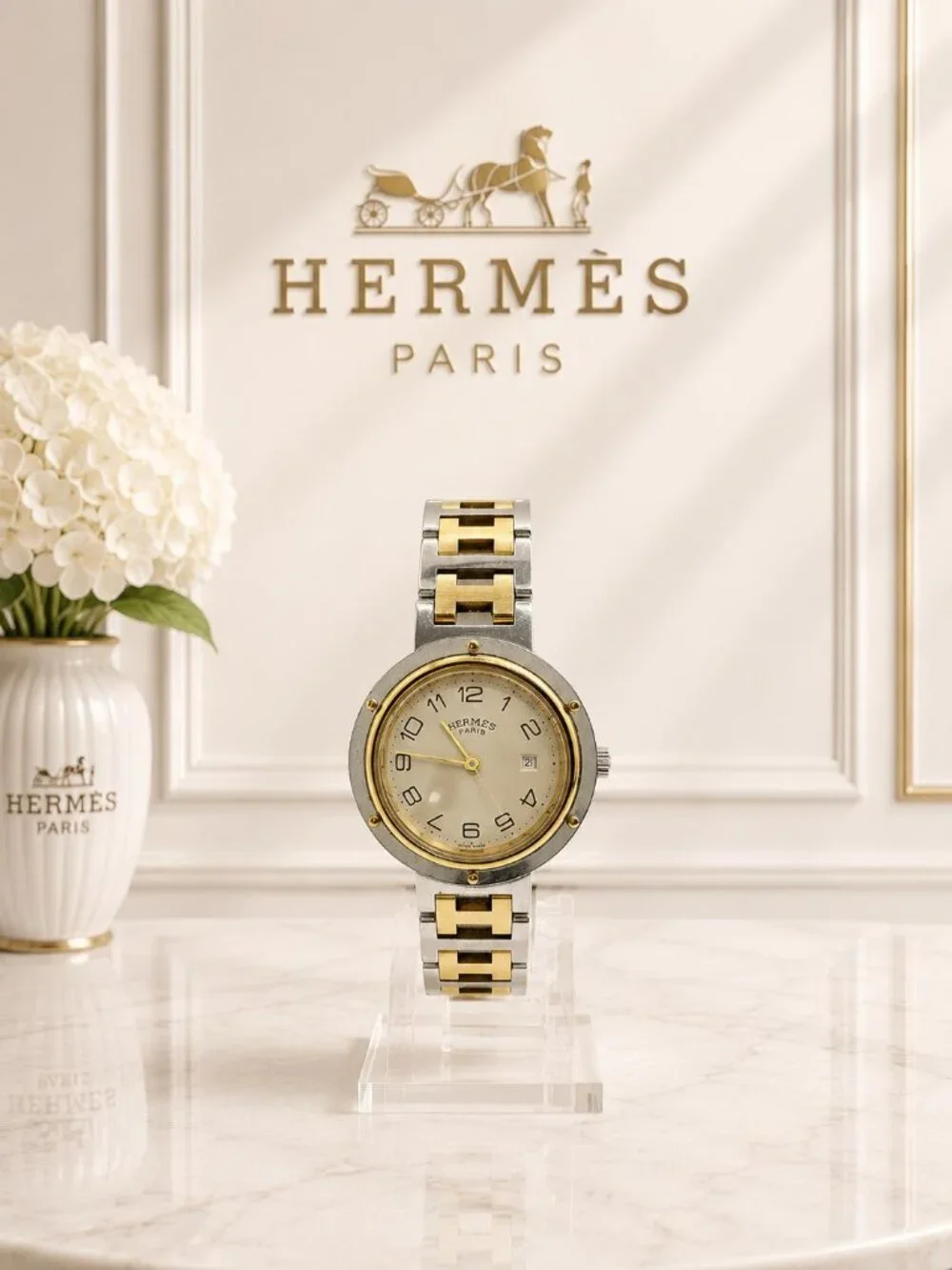 Authentic Vintage Hermes Clipper Two Tone Stainless Steel Quartz Watch